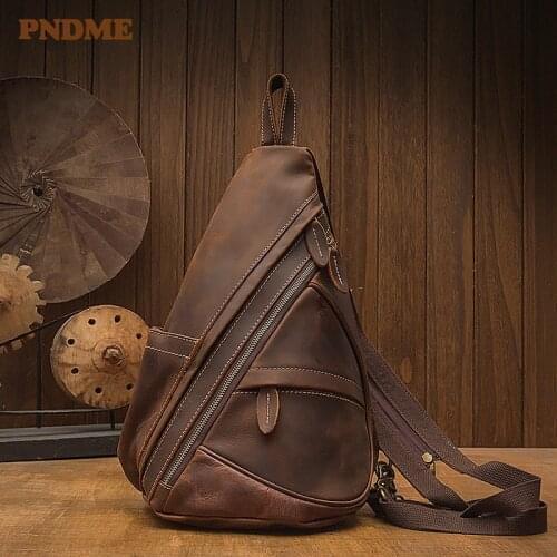 Vinatge crazy horse cowhide mens multi-function chest bag fashion personality design natural genuine leather shoulder backpack