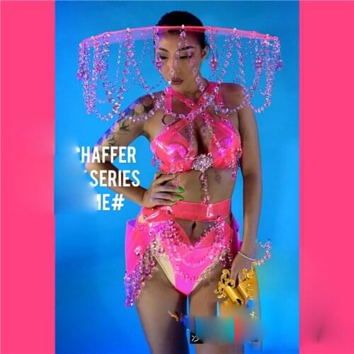 NEW Sexy Pink gogo costume transparent crystal pendant headwear girl nightclub stage dance team costumes