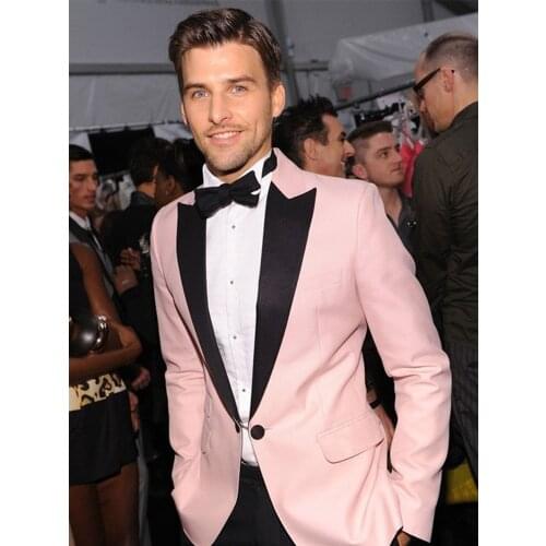 ANNIEBRITNEY Pink 2 Piece Slim Fit Men Suit With Black Pants Groom Wedding Tuxedo High End 2 Piece Prom Wedding Men Suit Set