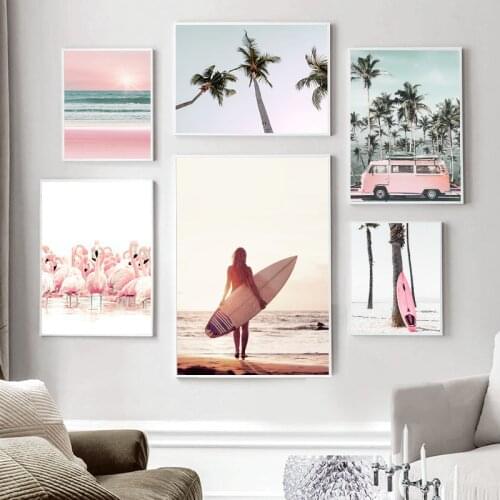 Palm Tree Wall Art Canvas Painting Prints Nordic Seascape Surfboard Wall Posters Picture For Living Room Modern Home Decor TB187