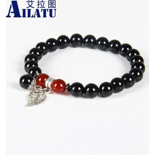 Ailatu Unisex Couples Jewelry Wholesale 10pcs/lot 8mm A Grade Black Onyx & Red Stone Fruit Leaf Lucky Bracelets