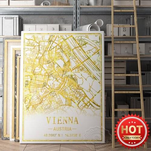 Vienna Austria City Map Poster, Nordic Style Modern Simple Hallway Home Decor Mural, World Tavel Ctity Goid Foil Line Map Prints