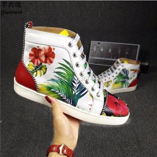Qianruiti Fashion Casual Shoes Men Flower Print Sneakers High Top Shoes Lace Up Flats Mixed Color Sneakers Men Spring Autumn