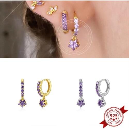925 Silver Ear Buckle Purple Crystal Star Dangle Drop Earrings for Women CZ Huggie Hoop Earrings Elegant Wedding Jewelry Gifts