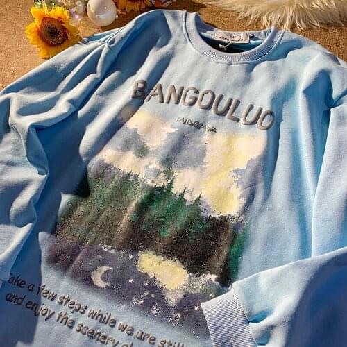 Amercan Vintage Aesthetic Forest Printing Sweatshirt 2021Autumn Hoodie O-neck Casual Tops Harajuku Hip Hop Teens Clothes Fashion