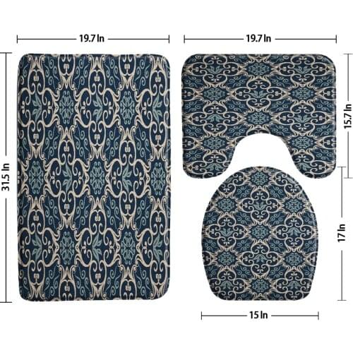 Navy Blue Ethnic Pattern Bath Mat Rug Non-Slip 3 Piece Set Geometric Flannel Toilet Cover Lid Baths Decor U-Shaped Pad Door Mat