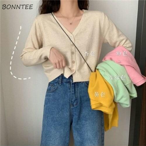 Cardigan Women Simple Spring Long Sleeve V-neck Lady Crop Top Sweet 9-colors Knitted Slim Vintage All-match Single Breasted Ins