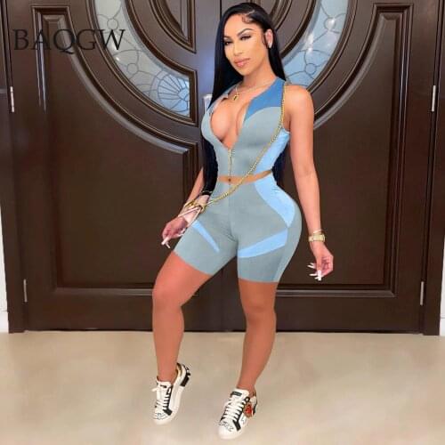 Color Block Two Piece Sets for Women Fashion Printing Women Tracksuit Sleeveless Crop Top + Biker Shorts Two Piece Matching Set