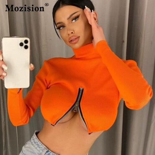 Mozision Autumn Front Zipper Knitted Turtleneck Sweaters Women Long Sleeve Sweater Pullovers Sexy Skinny Cropped Tops