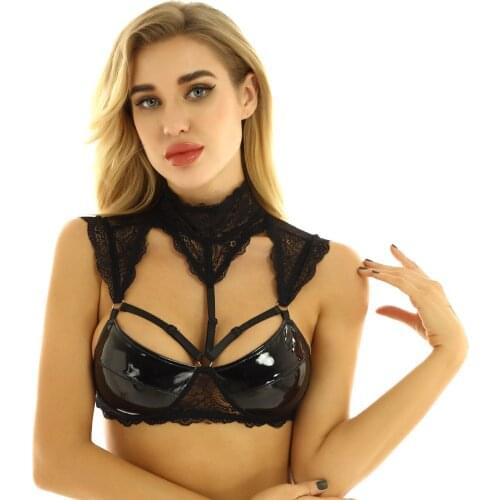 Womens Sexy Erotic Sheer Lace Lingerie Bras Top Clubwear Halter Neck Patent Leather Cups Hollow Out Wire-free Unlined Crop Tops