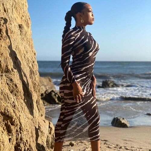 Sexy Black Patchwork Striped Women Dress High Neck Mesh Seethrough Female Dresses Summer Streetwear Dress Vestidos 2021