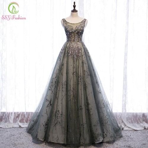 SSYFashion New Elegant Grey Evening Dress Scoop Sleeveless A-line Long Sequins Beading Prom Dresses Formal Party Gowns for Women