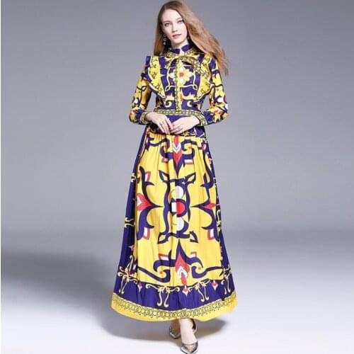 Womens spring autumn long sleeve vintage print long dress female runway fashion high waist plus size long dress TB746