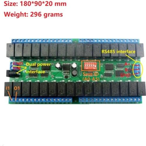 32ch DC 12V RS-485 Modbus RTU Relay Board RS485 Bus Remote Control Switch for LED Motor PLC PTZ Camera Smart Home