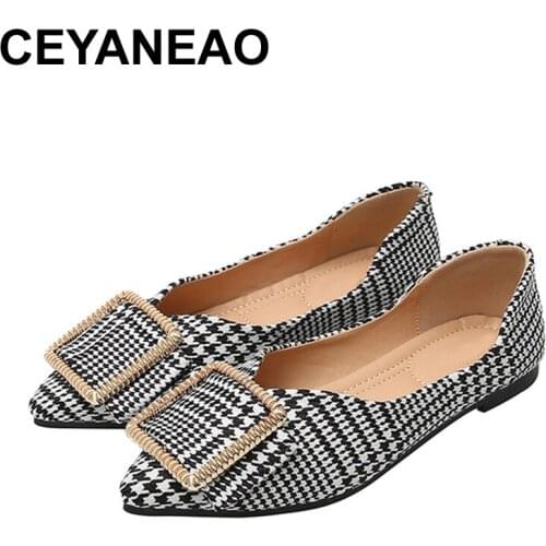CEYANEAO Pointed Toe Women Cloth Shoes Single Flat Loafers Metal Buckle Lady Slip On Shallow Flats Footwear Plus Size Zapatos