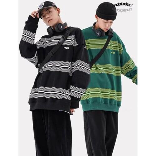 Oversized T Shirt for Men Autumn Striped Long Sleeve O Neck Japan Style Harajuku Vintage Loose Hip Pop Unisex Couple Clothing