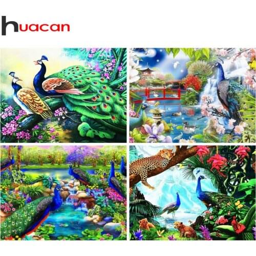 Huacan 5d Diamond Painting Full Square Peacock Paintings For Interior Mosaic Animal Spring Scenery Home Decor Diamond Art