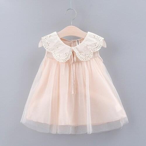 Girls summer doll collar childrens clothing subnet yarn stitching skirt lace collar solid color princess dress