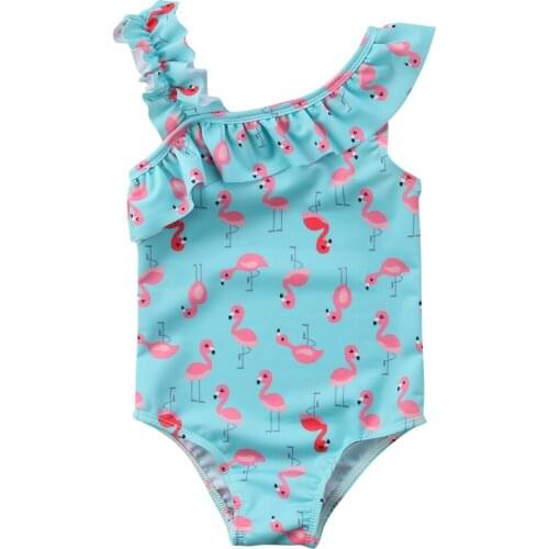 2019 Summer Cute Baby Kids Girls Print Pleated Bikini Sloping Shoulder Swimsuit Swimwear Bathing One-piece