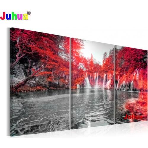 Full Square/Round DIY Diamond Painting Red Tree WATERFALLS 5D Cross Stitch kit Crystal Diamond Mosaic embroidery Triptych N211