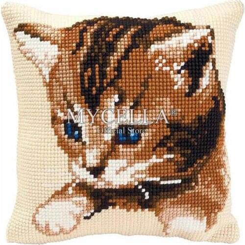 Latch Hook Cushion Kit Gift DIY Needlework Crocheting Throw Pillow Unfinished Yarn Cross-stitch Embroidery Pillowcase White Cat