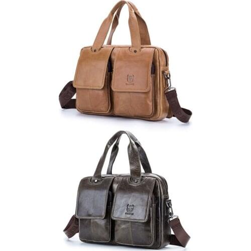 BULLCAPTAIN Mens Real Leather Briefcase 14 Inch Laptop Sleeve ,Casual Shoulder Messenger Bag, Tote, Work, Office