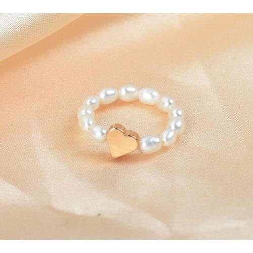 Simple Gold Color Heart Rings For Women White Freshwater Pearl Elastic Ring Handmade Adjustable Jewelry Bridal Party Gift