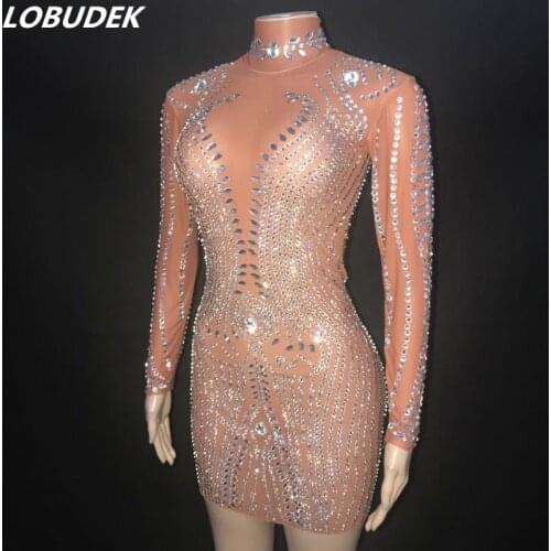 Silver Rhinestones Transparent Mesh Short Dress Women Singer Host Model Stage Costume Evening Party Birthday Prom Celebrate Wear