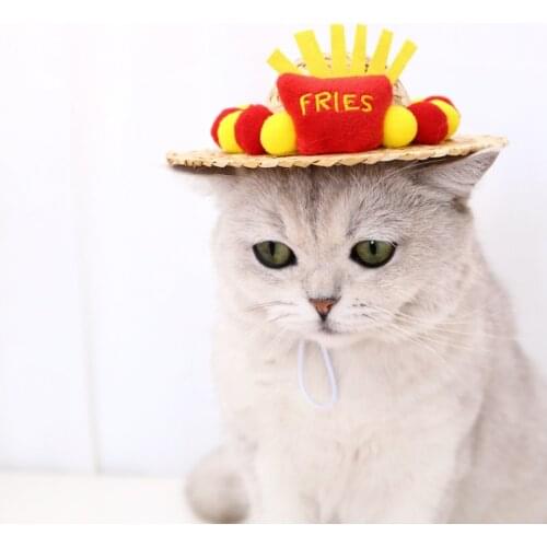 Cat straw hat Pet weaving cute french fries adjustable for dog bunny rabbit summer sun funny custom cat cosplay hat