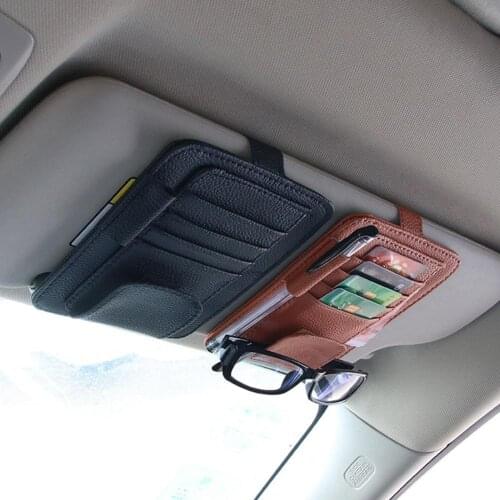 Universal Car Sun Visor Card Pen Holder Glasses Clip Faux Leather Storage Bag