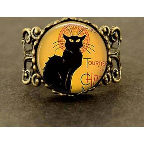 VINTAGE Le Chat Noir art Ring Black Cat long jewelry steampunk men chain women charms cute ring