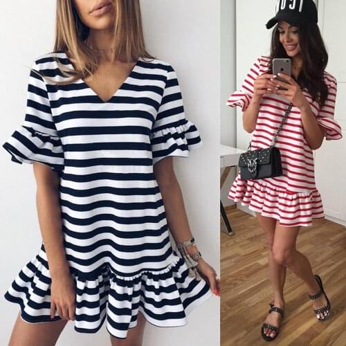 2020 summer white black striped ruffle short tshirt Shift dress Flare Sleeve V neck loose t shirt mini Dress women vestidos C468