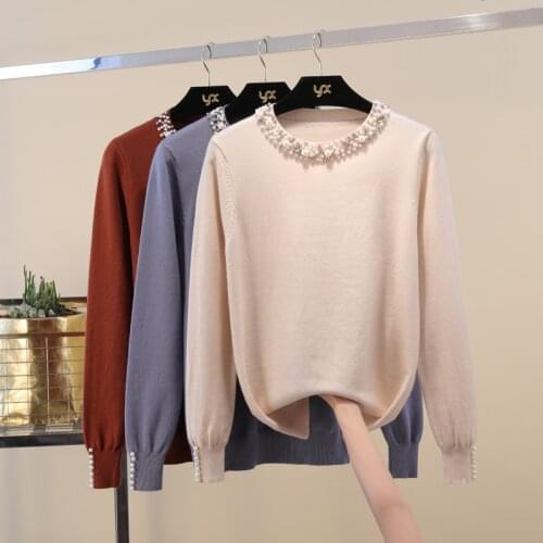 2020 New Autumn Winter Women Pullover Sweater Beaded Neck Top Elegant Lady Long Sleeve Sweater Jumper Casual Warm Pull Femme 219