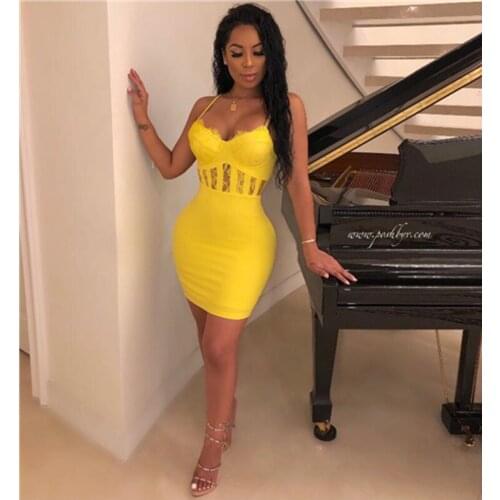 New Arrival Sexy Sleeveless Yellow Hot Pink Lace Women Bodycon Bandage Dress 2021 Designer Fashion Evening Party Dress Vestido