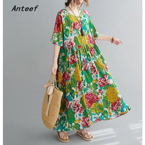Short sleeve cotton linen vintage floral dresses for women casual loose long woman summer dress elegant clothes 2021