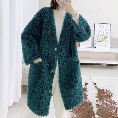 Winter Womens Sheep Shearing Coat Mid-Length Lamb Wool Granular Fleece Without Hood Single-Breasted V-Neck Fur Warm Coat Casual