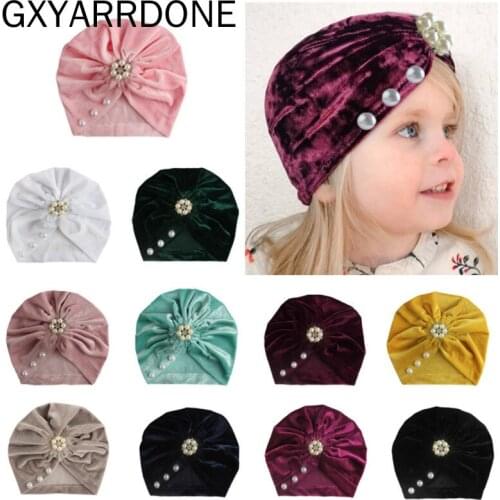 1pcs Velvet Baby Hat With Pearls Girls Autumn Winter Boy Cap Photography Props Elastic Infant Beanie Turban Hat Baby Accessories