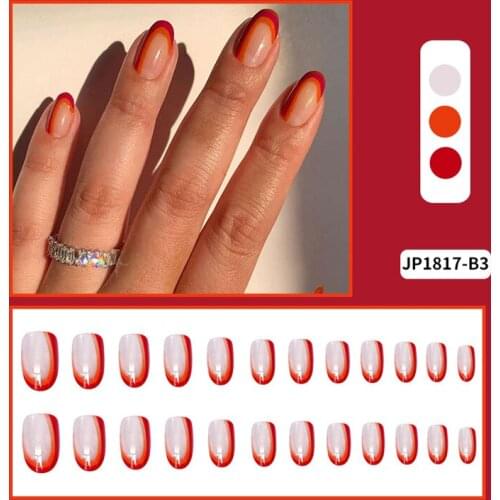 24Pcs/Set Double Color Fake Nails Round Head Glue Type Removable Long Paragraph Fashion Manicure Fully Covered Nail Decoration
