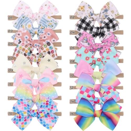 32 Pcs/Lot, 4.4" Handtied Grosgrain Ribbon Bow Nylon Headbands, School Girls Boutique Bow Hairband Baby Hair Accessories