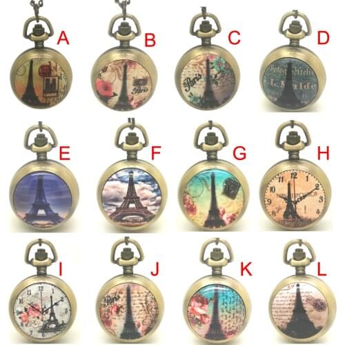 6007) Vintage Victorian Style The Paris Eiffel Tower Quartz Pocket Watch Necklace with mirror inside, 12pcs/lot, free ship