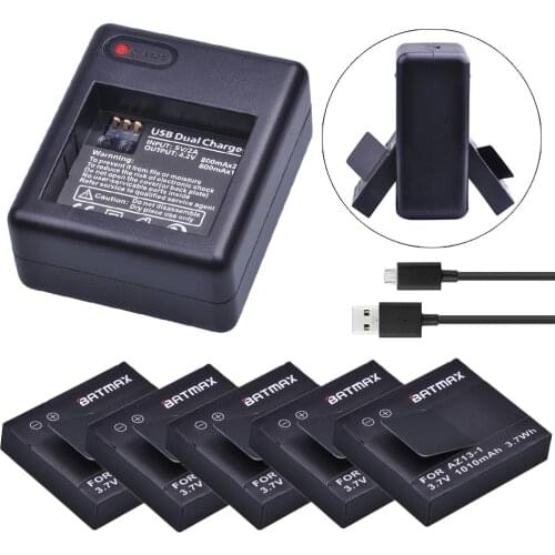Batmax 5pc 1010mAh Bateries for AZ13-1 Battery+USB Dual Charger For Xiaomi Yi Action Cameras