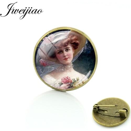 JWEIJIAO Vintage European Woman Art Paintings Brooches Badge Glass Cabochon Brooch Bronze Metal Pins For Clothes Bag PE05