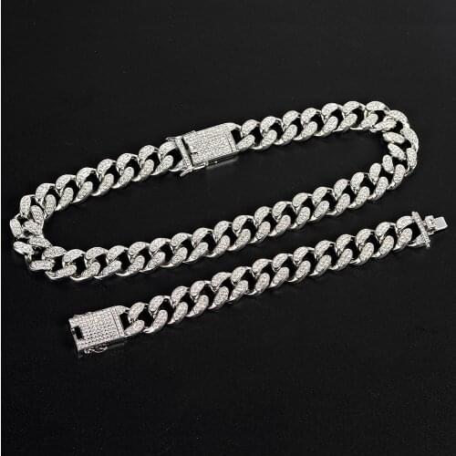 AZ Hip Hop Iced Out Paved Rhinestones 1Set Bracelets Necklace Full Miami Curb Cuban Chain Bling Necklaces For Men Jewelry