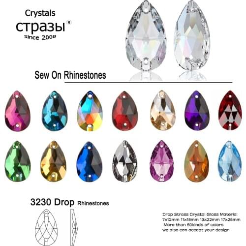 CTPA3bI Different Colors Sewn Rhinestones Tear Drop Flatback Glass Strass With 2 Holes Stones For DIY Crafts Dancing Dress