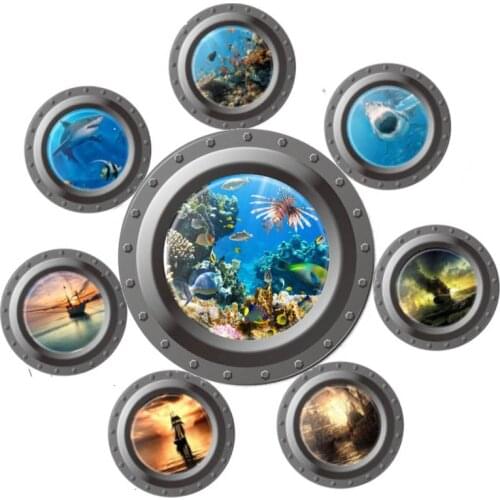 Fantastic Submarine Porthole Window Wall Stickers Home Decoration Kids Sealife Coral Shark Fish Boat Scuttle Decals Art Nursery