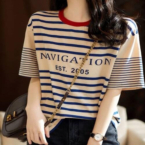 T-shirt womens T-shirt tops top womens aesthetic summer new letter printed short-sleeved striped T-shirt women