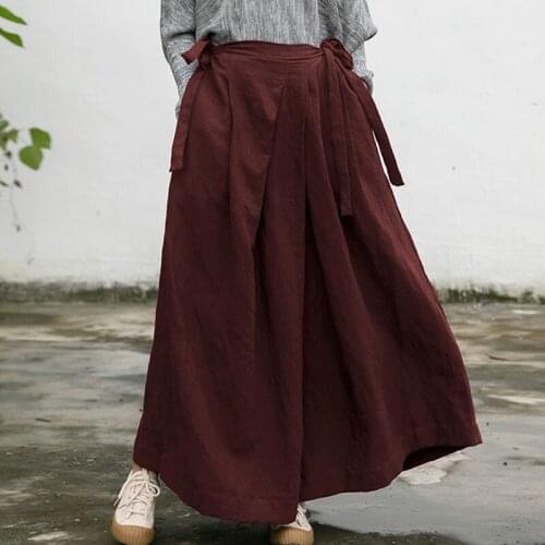 Johnature Loose Leisure Full Length All-match Lace Up Wide Leg Pants 2021 Autumn New Cotton Linen Comfortable Women Fashion Pant
