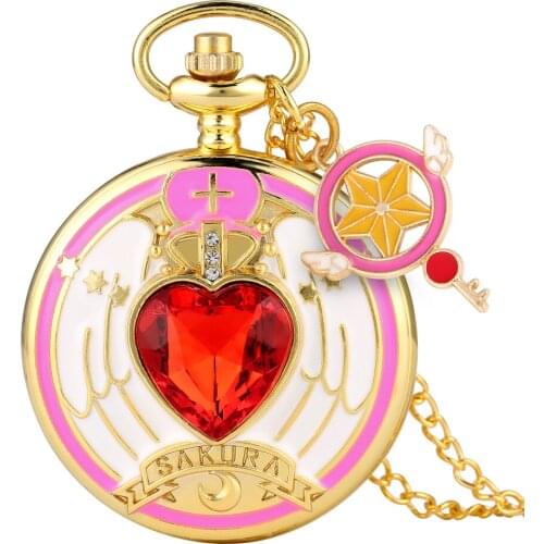 Classic Pocket Quartz Watch Cardcaptor Sakura Theme Clock Luxury Necklace Chain Pendant Best Birthday Gifts for Boys Girls