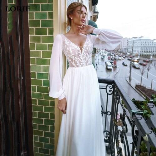 LORIE Bohemian Wedding Dress 2021 Sexy V Neck Elastic Chiffon Lace Puff Sleeves Arabic Bride Dresses Vestidos Boho Wedding Gowns
