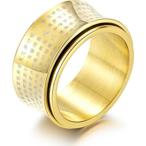 BUDROVKY Buddhist Heart Sutra Titanium Steel Rotating Ring Religious Domineering arc Face Mens Finger Wrench Bracelet Jewelry